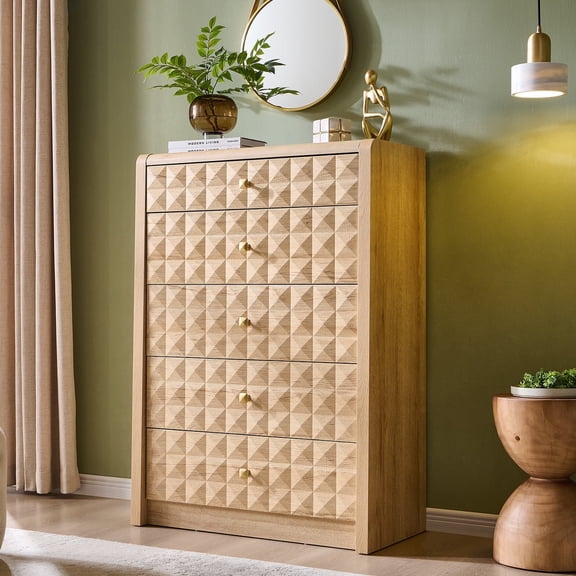 Aitjunz Modern 5 Drawer Dresser for Bedroom, Wooden Tall Dressers & Chests of Drawers w/Diamond Panel Decorate, Natural