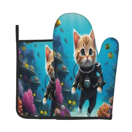 

Vsdgher Underwater Diving Cat Oven Mitts and Pot Holders 2 pcs Set High Heat Resistant Kitchen Oven Glove for Baking and Cooking