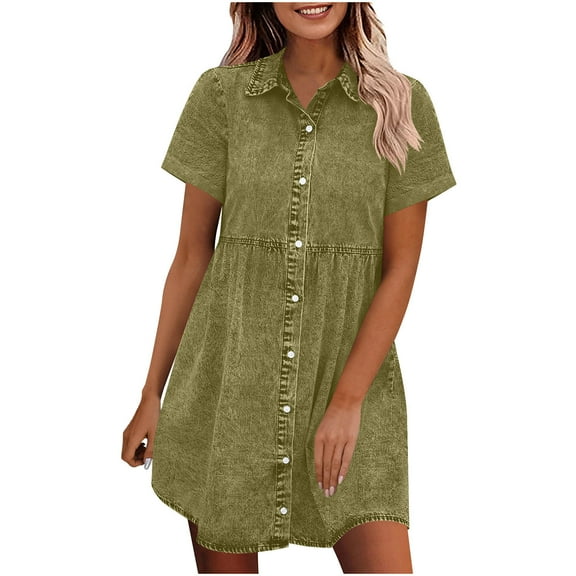 Women's Denim Mini Dress Casual Short Sleeve Lapel Button Dress High Waisted A-Line Short Dresses