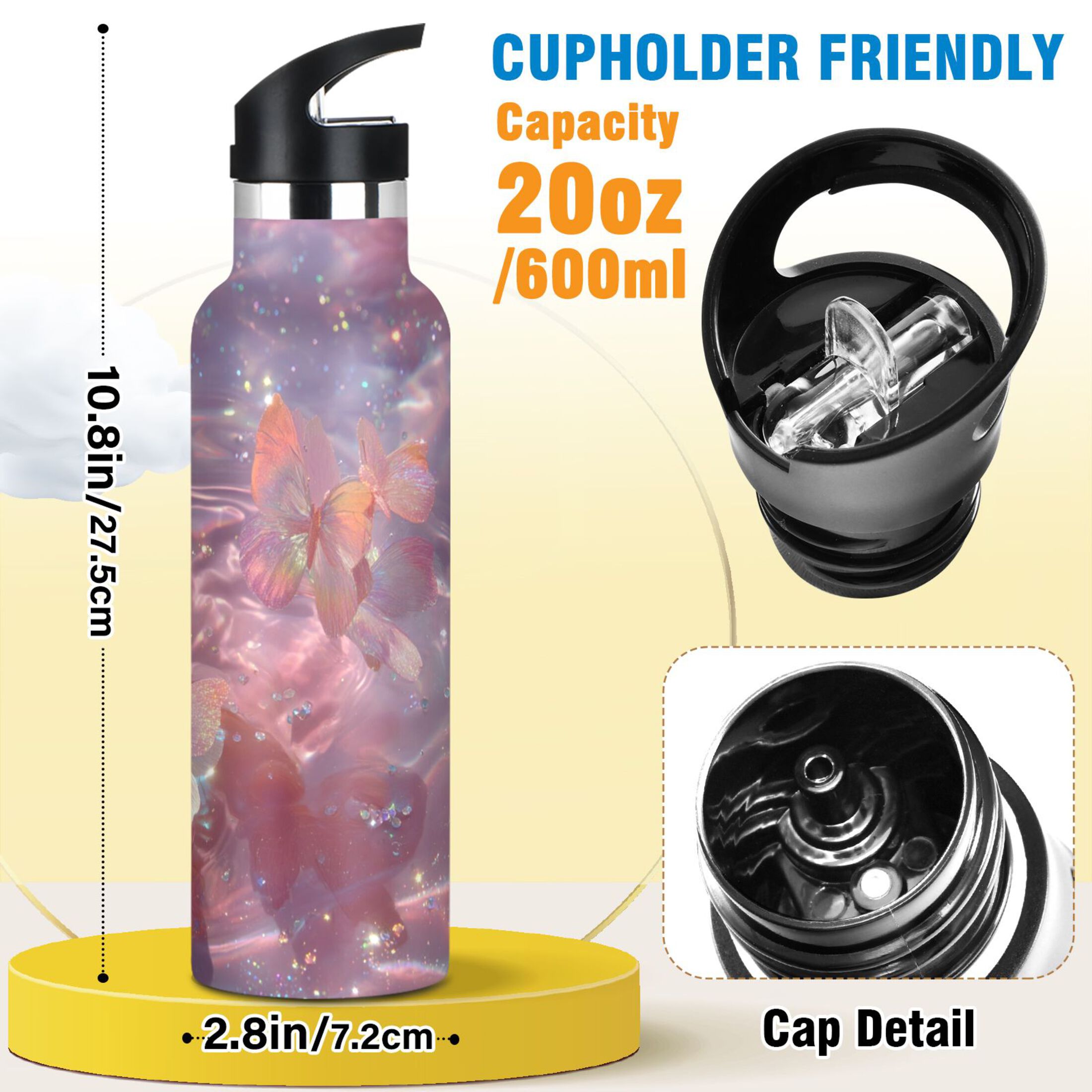600ML Stainless Steel Insulated Cup Sports Water Bottle Portable Thermos Cup Water Glasses Insulated Tumblers Convenient and Durable Dream Butterfly