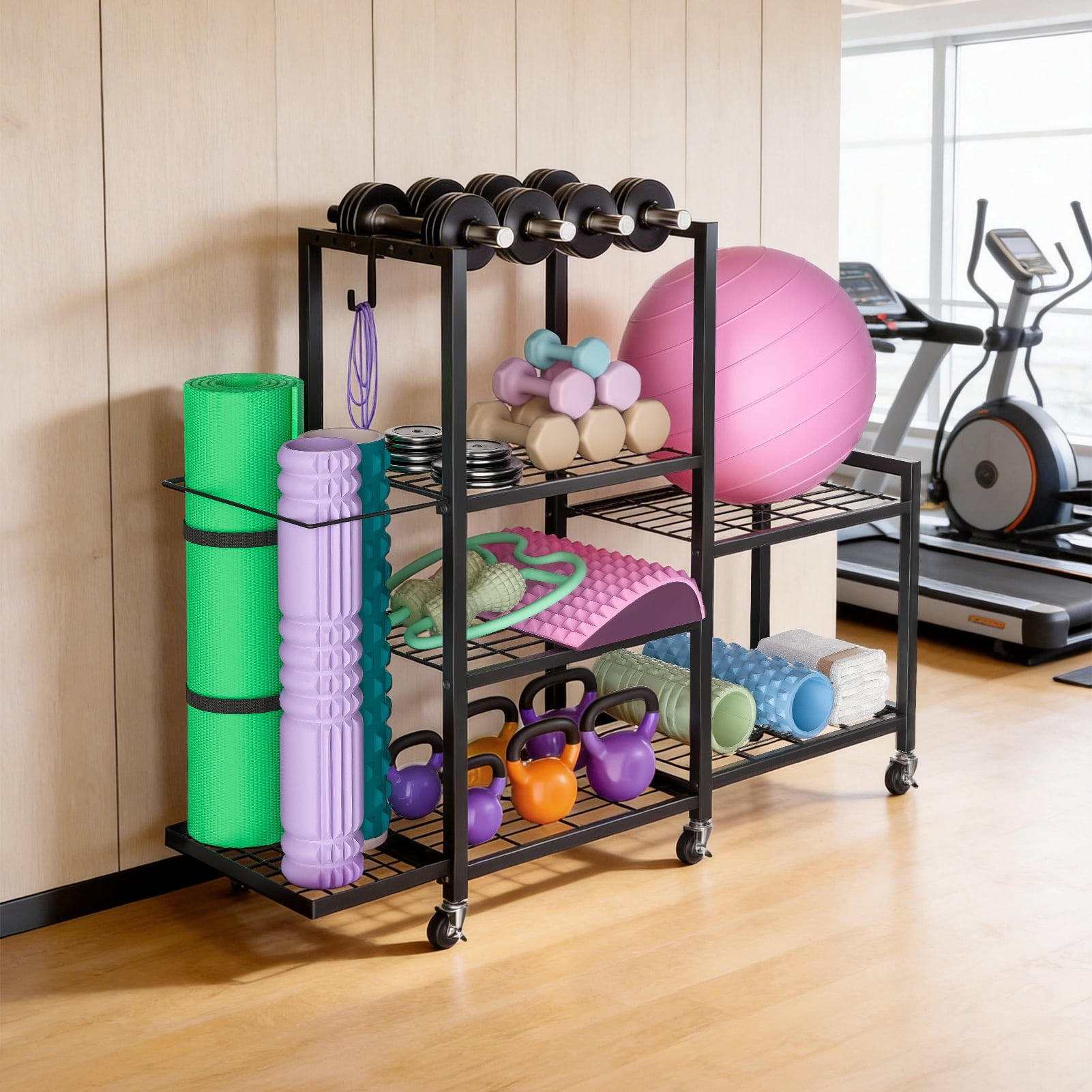 Home Gym Storage Rack with Wheels, Adjustable Dumbbell Storage Yoga Mat Organizer, Multi-Purpose Fitness Equipment Stand