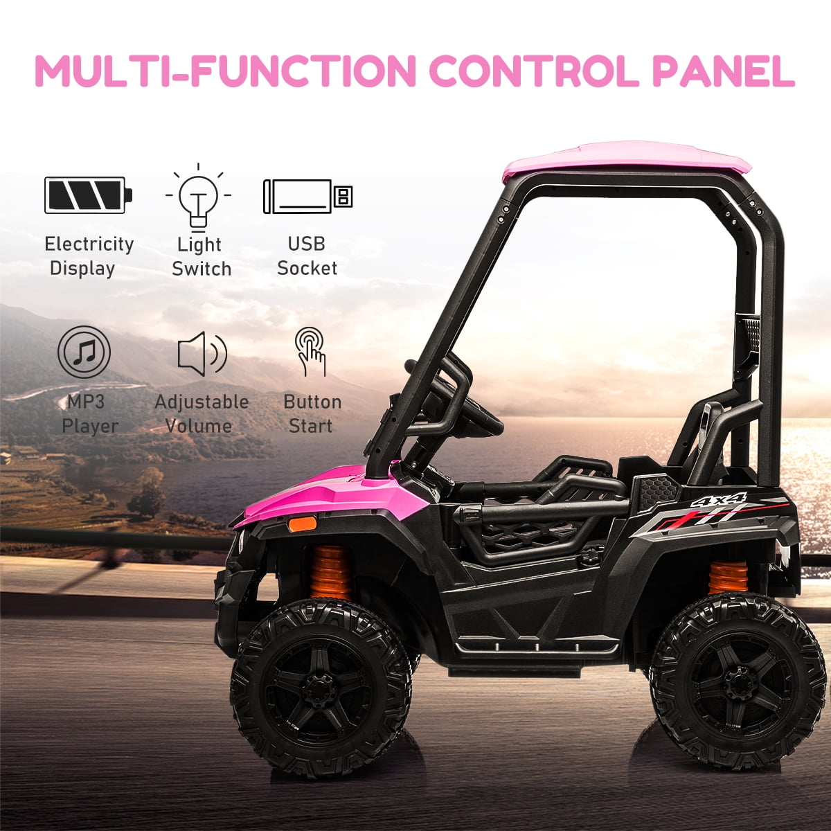 Kepooman 12V Kids Electric Off-Road UTV for Indoor Outdoor Play, Child' s Battery Powered Ride-On UTV Truck Car Toys with Ceiling & Remote Control & Music, Pink