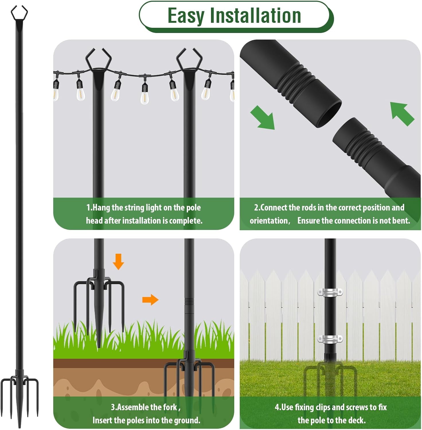 2 Pack 10Ft String Light Poles for Patio, Deck, Backyard and Outdoor, Heavy-Duty Metal Poles with Fork Brackets, Weather-Resistant & Adjustable Height, Easy Installation, Black