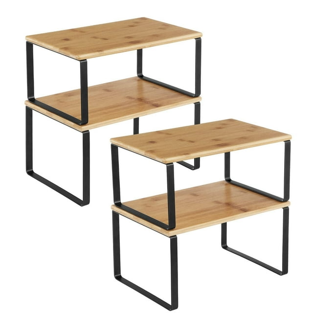 Organizadores de Cocina, Juego de 4 Estantes de Cocina, Apilables, Expandibles, Metal y Madera de Ingeniería, Negro y Natural