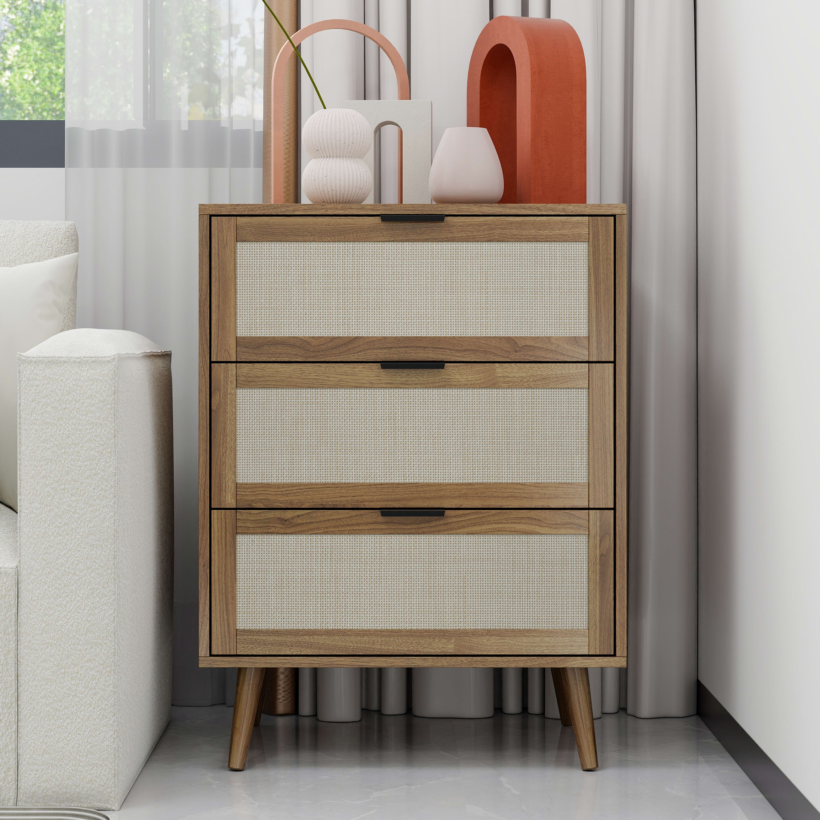 Aukfa 3 Drawer Tall Dresser Nightstand with Rattan Storage Drawer for Bedroom Living Room, Walnut