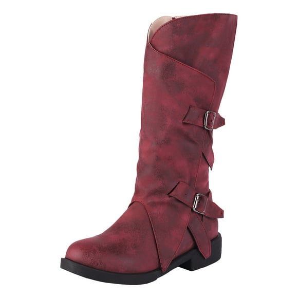 WEAIXIMIUNG Women's Knee-High Boots Square Toe foreign Trade Autumn and Winter Women's Boots Belt Buckle Low Heel Round Head High Barrel Boots