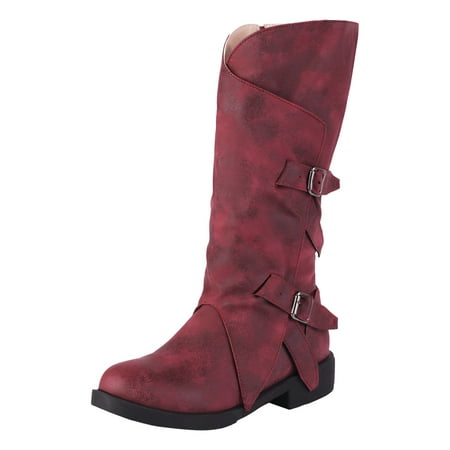DVKOVI Womens Shoes Dressy Mid Calf Boots Autumn and Winter Women s Boots Belt Buckle Low Heel Round Head High Barrel Boots Flat Heel Cowboy Boots Women Red 41