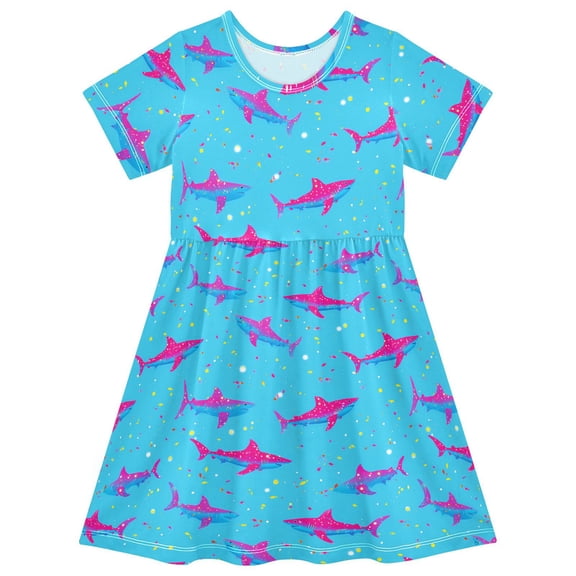 joogoo Sharks on Blue Girls' Short Sleeve Dress Kids Dresses 5-6T