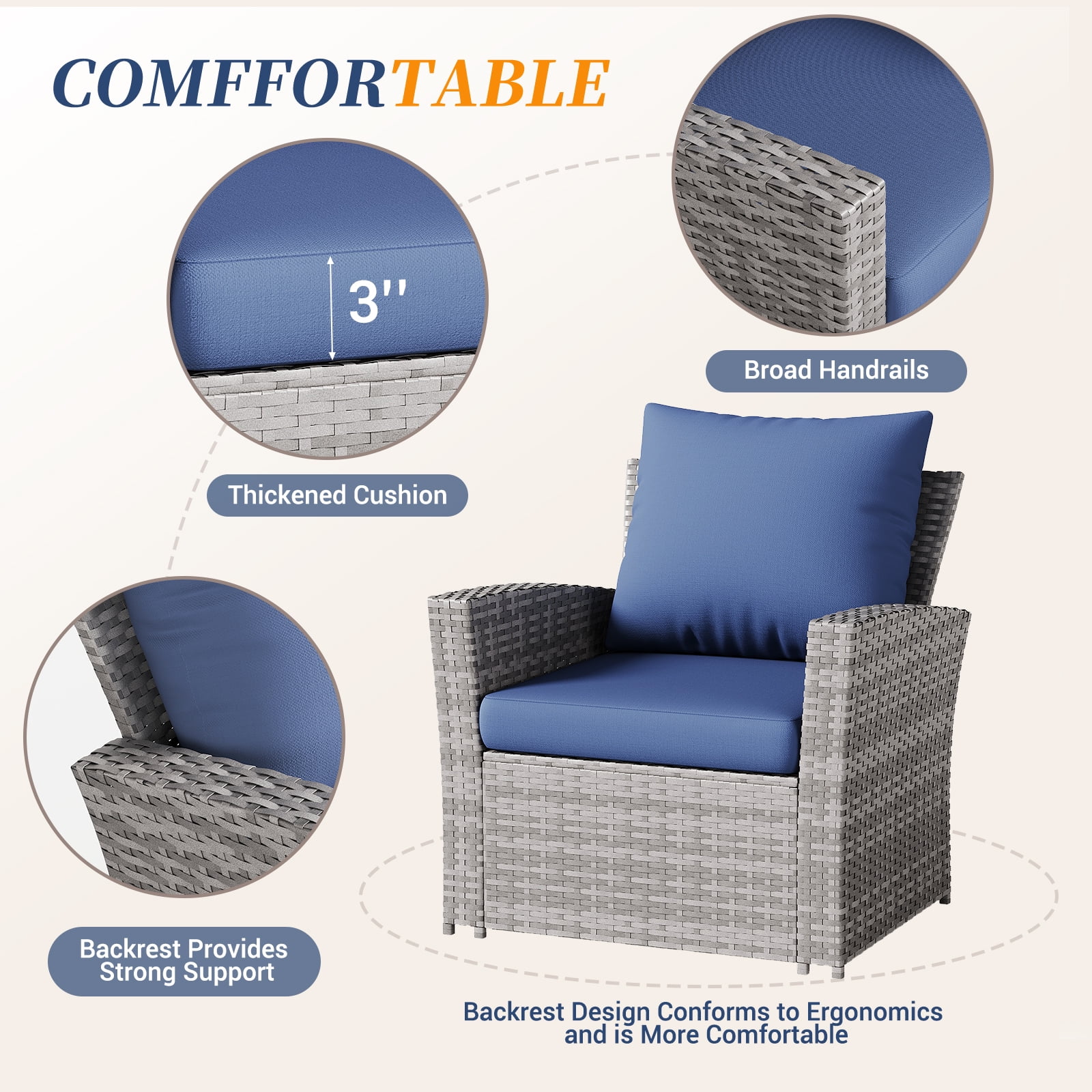 ELPOSUN Wicker Patio Furniture Set, 4 Piece Outdoor Sectional Conversation Sets, Gray PE Rattan Patio Sofa Set for Balcony, Porch, Backyard, Navy Blue