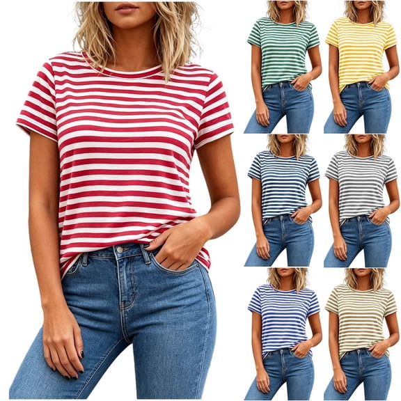 VBVC Women's Crew Neck Striped Short Sleeve T-Shirt , Ladies' Casual Basic Summer Tee , Soft Daily Layering Tops For Women,Beige,S-2XL