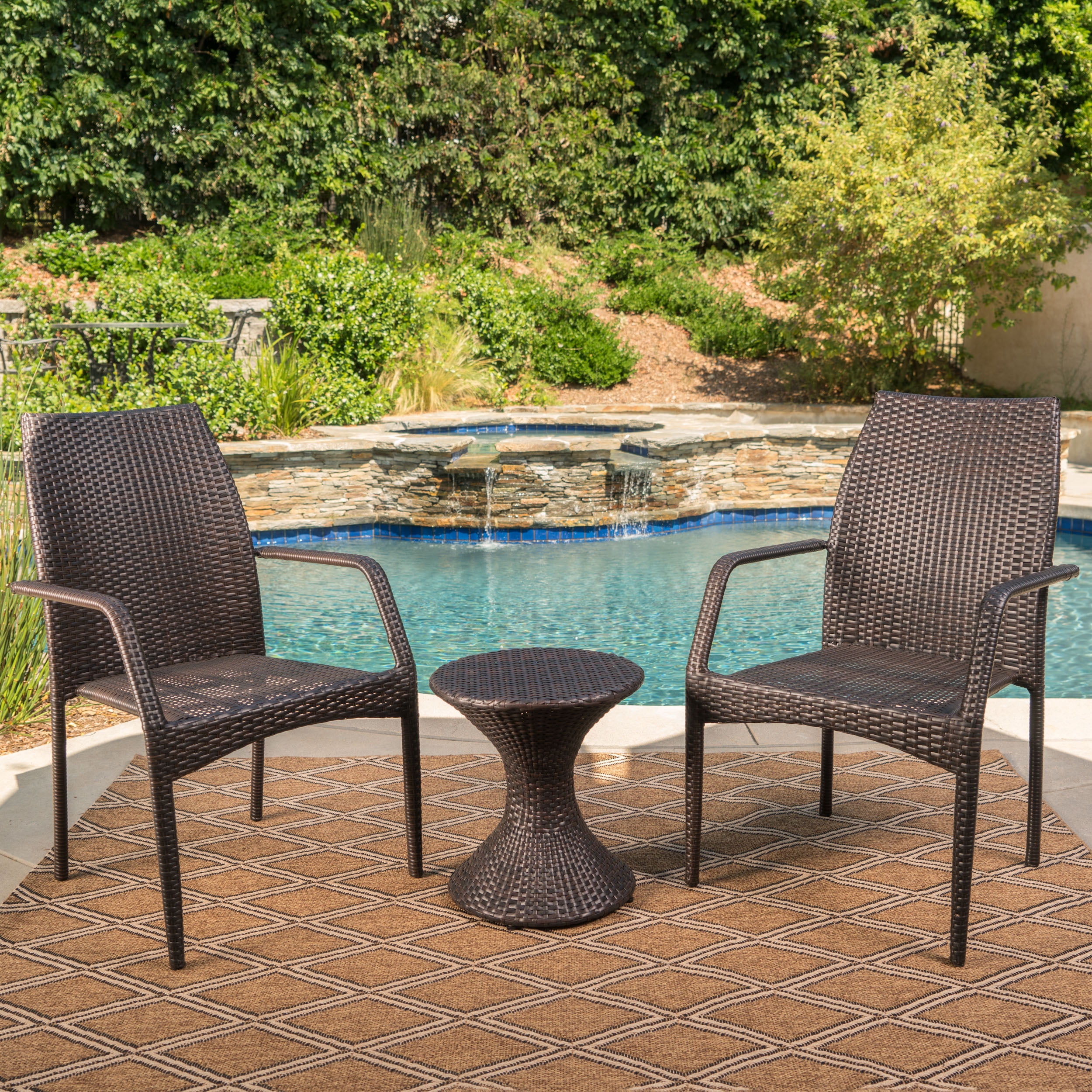 Landsbury Outdoor 3 Piece Wicker Chat Set with Stacking Chairs and Hourglass Side Table, Multibrown
