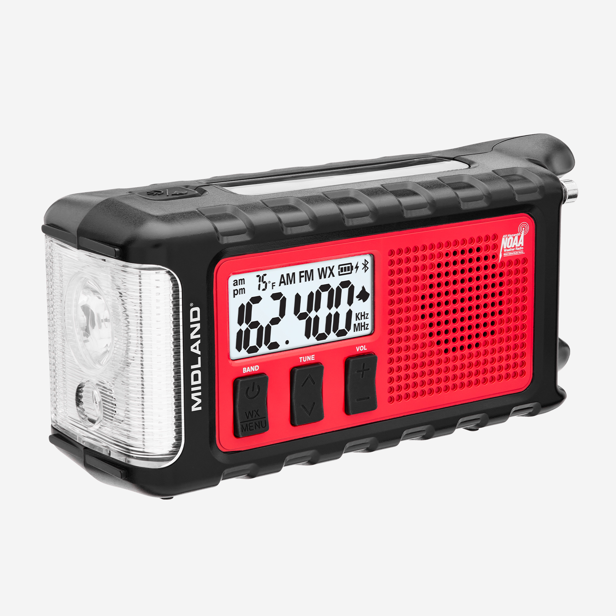 Midland ER310PRO Emergency Weather Radio – 10,000 mAh Power Bank, Bluetooth, NOAA Alerts, Solar/Crank/USB-C, Cree LED Flashlight, SOS – Red/Black