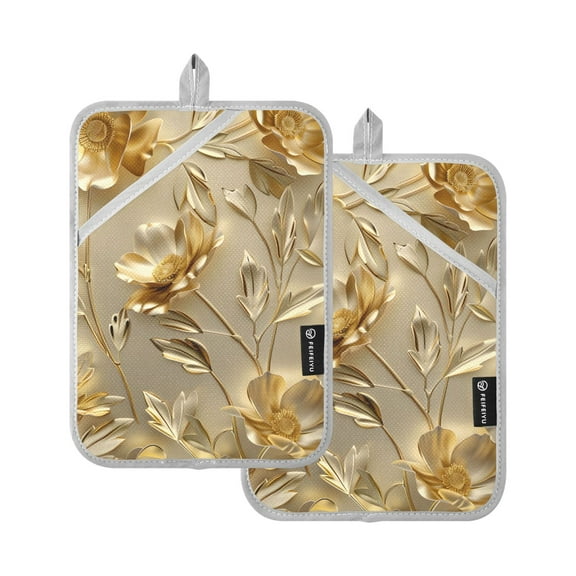 Pot Holders Set of 2 Heat Resistant 338℉ Kitchen Oven Gloves Potholder Cooking Baking Microwave Mitts Luxury Gold Flower