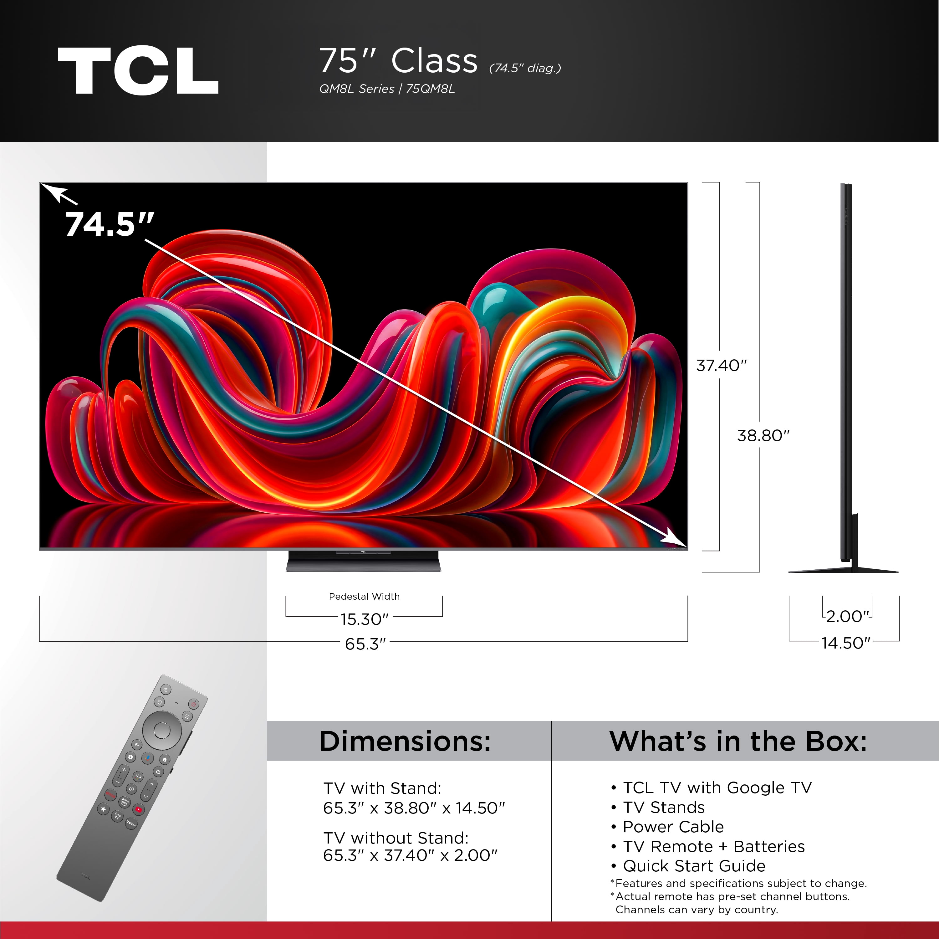 TCL 75” QM8L Series SQD-Mini LED QLED Smart Google TV (NEW 2026) - TCL Deep Color System with Super QLED, Up to LD4000 Precise Dimming Series, Up to HDR6000 Peak Nits, WHVA 2.0 Ultra Panel - 75QM8L