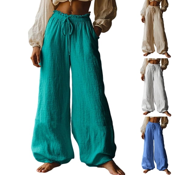 Miluxas Women's Loose Fit Drawstring Casual High Waist Baggy Pants Boho Flowy Wide Leg Lounge Pants with Pockets White XL(XL)