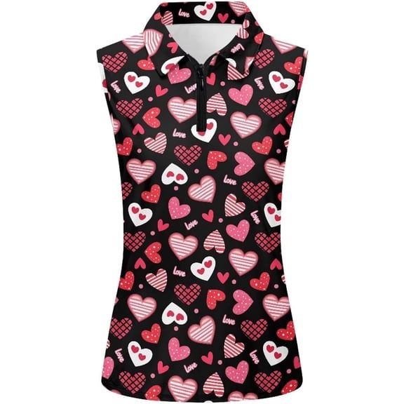 XIAONU Women's Heart Letter Print Sleeveless Polo Shirt Sleeveless Quarter Zip Polo Top Breathable Romantic Golf Tops