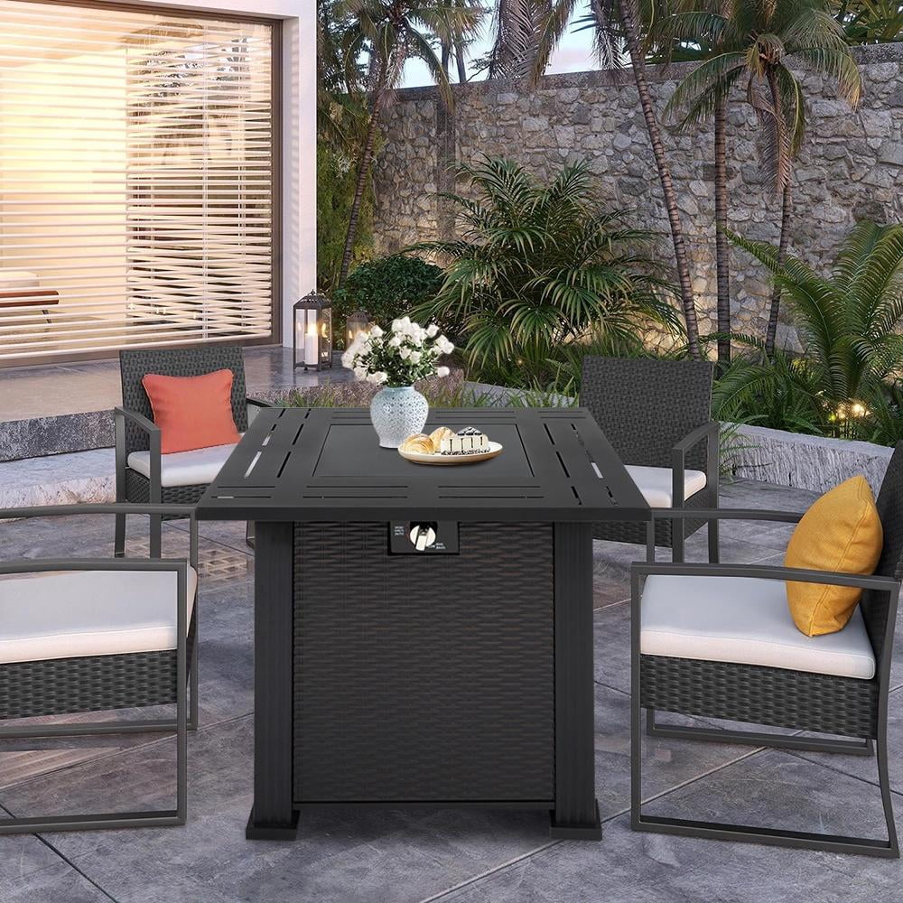 2-in-1 Propane Fire Pit Table, Outdoor Table with Fire Pit, 28 Inch 50,000 BTU Auto-Ignition Gas Fire Pit Table with Lid and Lava Rock, Square Fire Table for Yard Patio Garden