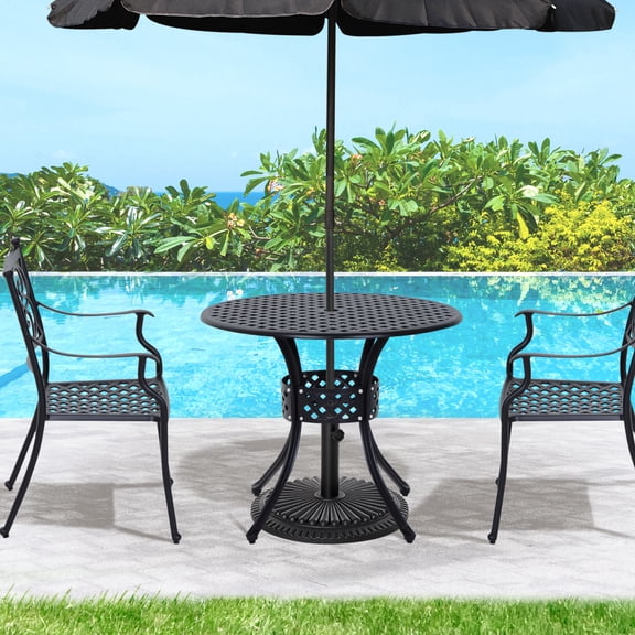 33" Round Patio Dining Table, Cast Aluminum Outdoor Bistro Table with Umbrella Hole, Black