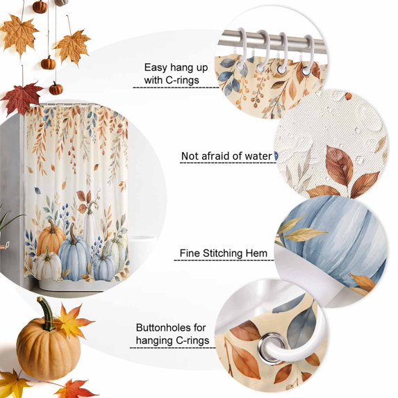 Thanksgiving Shower Curtain Set with Hooks, Fall Harvest Orange Blue Green Pumpkin Leaf Berry Sturdy Water Repellent Shower Curtains for Bathroom Bathtub, Machine Washable 36x78 Inch