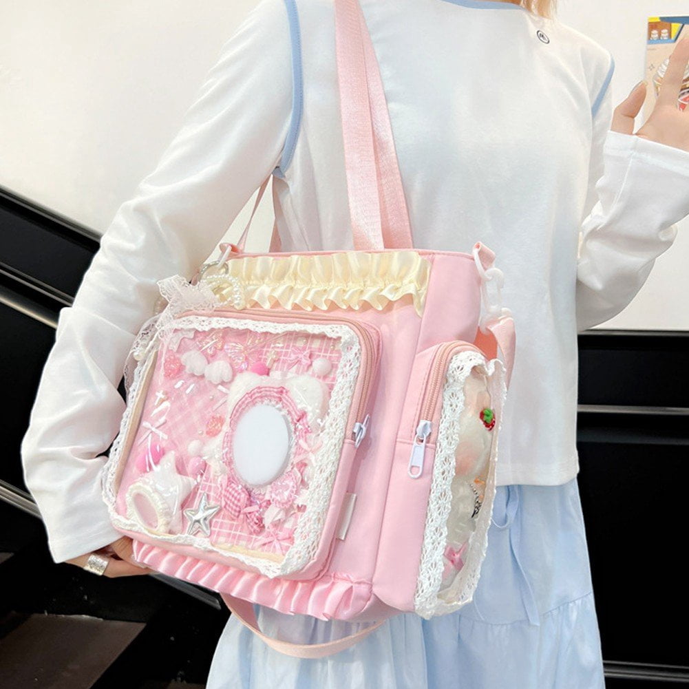Vjnyvs Lace Decor Clear Display Crossbody Bag Nylon Tote Shoulder Bag with Bow Keychain