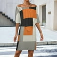 thumbnail image 2 of Beige And Black And Orange Squares Women's Off The Shoulder Ruffles Summer Wedding Guest Loose Casual Party Beach Dress, 2 of 9