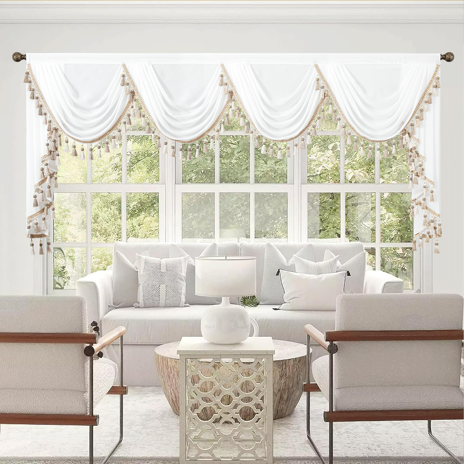VOGOL White Swag Valances for Windows, Light Filtering Waterfall Curtains Valance for Dining Room, Silky Voile Drapes Sheer Curtain for Nursery, 110 inches Wide, 1 Panel