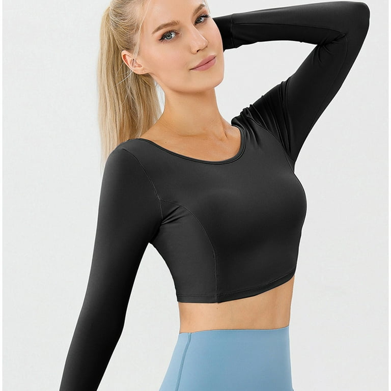 Women's Cropped T-shirt Sports Long Sleeve Top Built In Bra