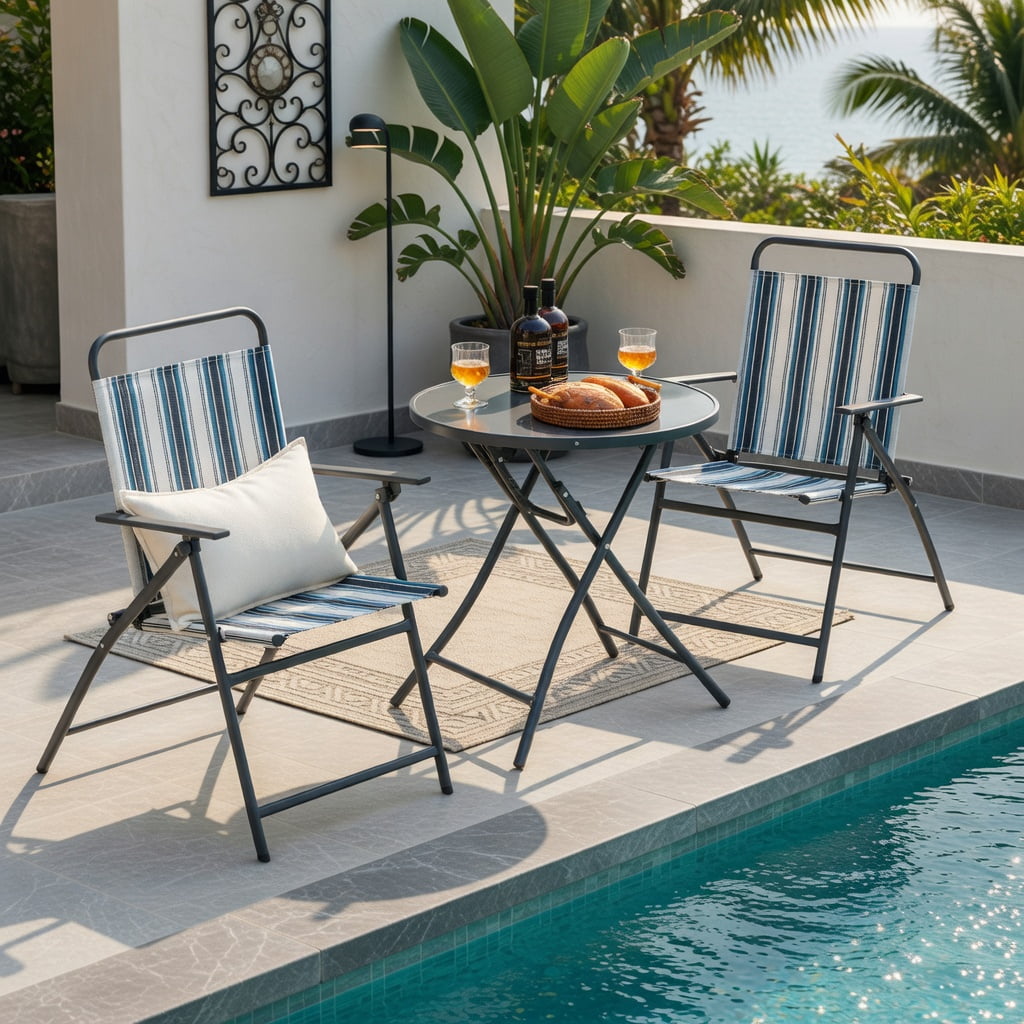 Hommoo 3-Piece Portable Outdoor Folding Chair & Round Table Set, Metal Frame, Breathable Fabric Seats, Easy-Fold for Backyard, Poolside & Balcony, Blue