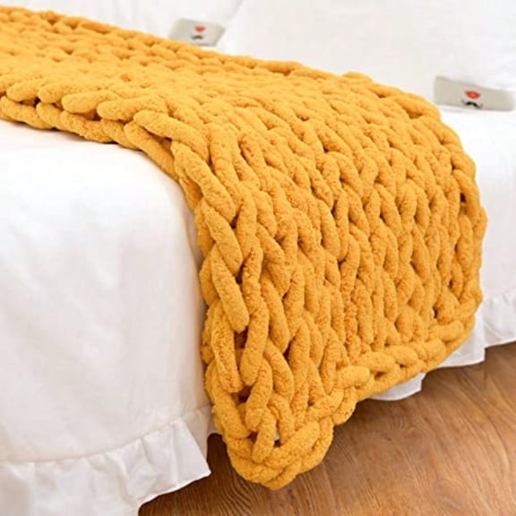 Chunky Knit Blanket Throw 4871 Hand Knitted Warm Chenille Throw Blanket Home Decor Soft Thick Yarn Cable Knit Blanket Soft Breathable Fleece Banket Christmas for Couch Bed Sofa Best Gift Yellow