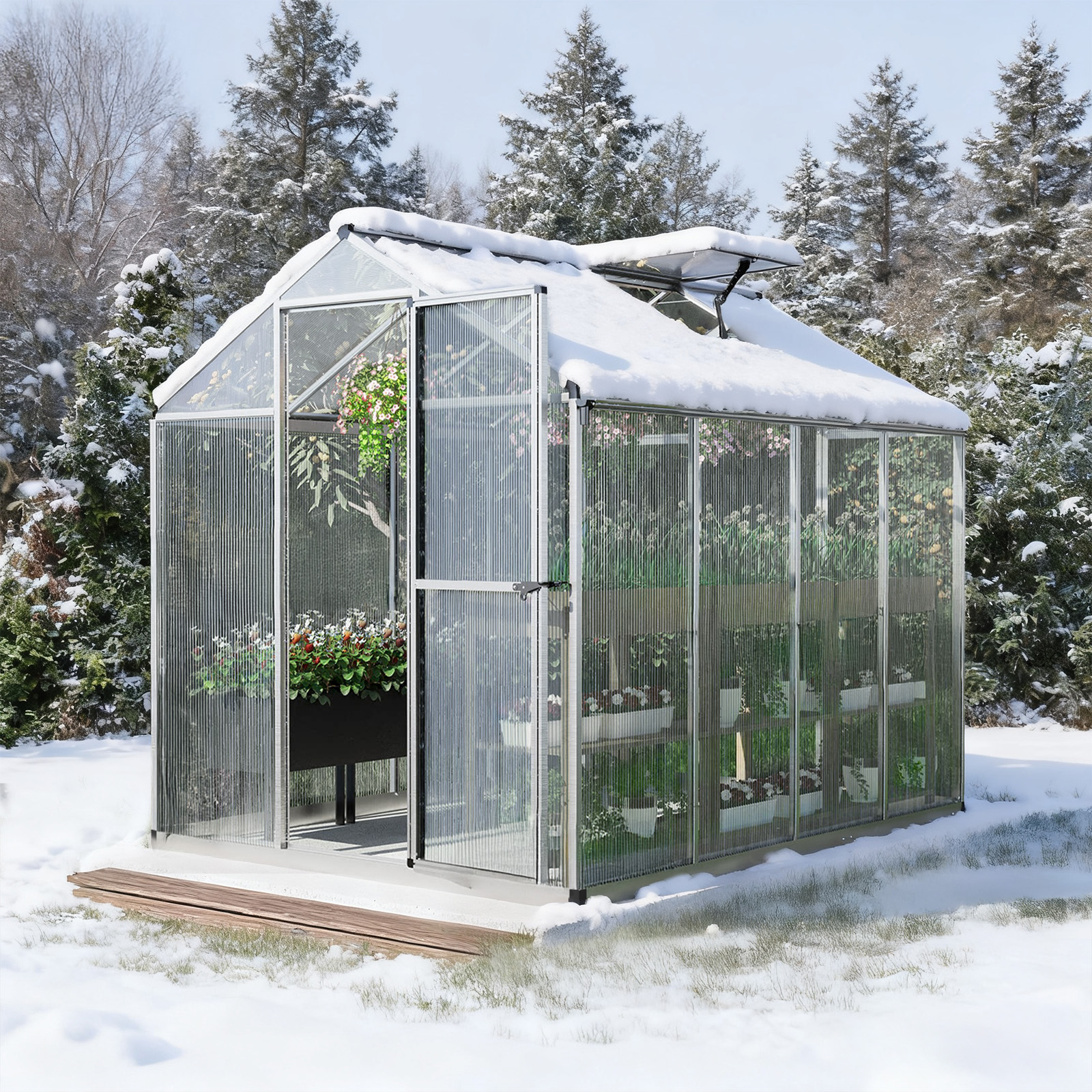 Aoodor 6' x 8' Outdoor Greenhouse, Walk-in Polycarbonate Greenhouse with Aluminum Frame for Outside Backyard, Silver