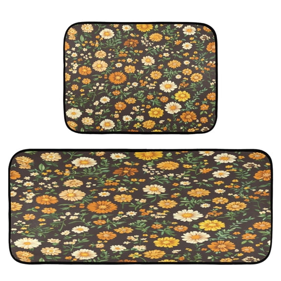 Seamless Flowers Pattern 2-Piece Kitchen Carpet Mat Set, Non-Slip Memory Foam, Soft for Kitchen and Living Room Use
