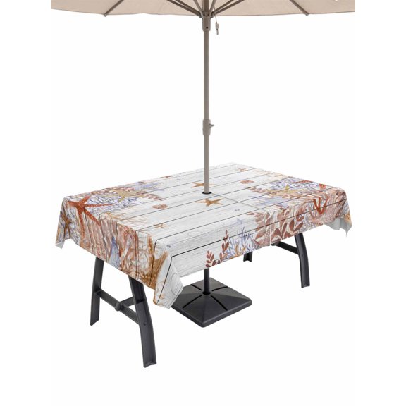 Outdoor Tablecloth with Umbrella Hole for Patio/Picnic/Party/Camping, Orange Coastal Waterproof Table Cloth Rectangle Table Cover Washable, Beach Nautical Coral Starfish Vintage (52"x 70")