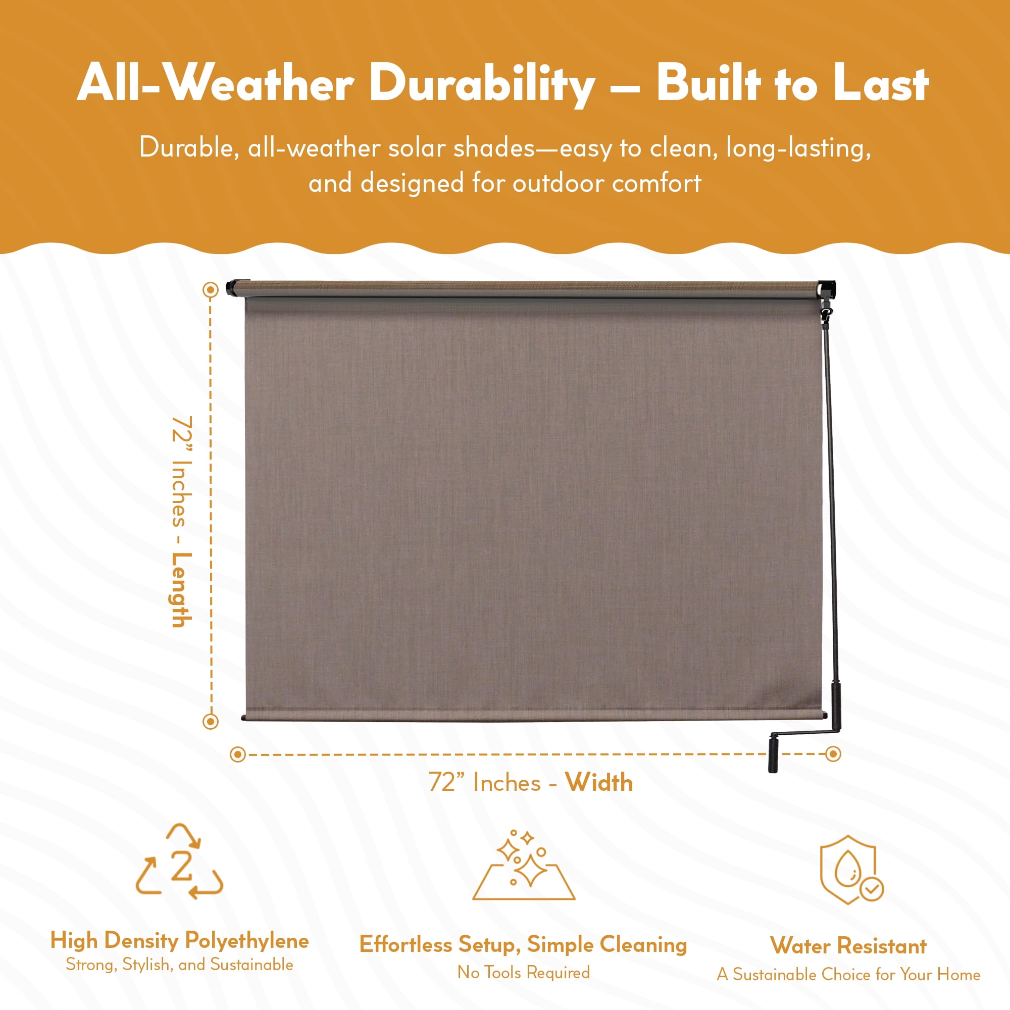 Radiance Patio Sun Shade, Exterior Cordless Blinds, Coconut Brown, 72" x 72"