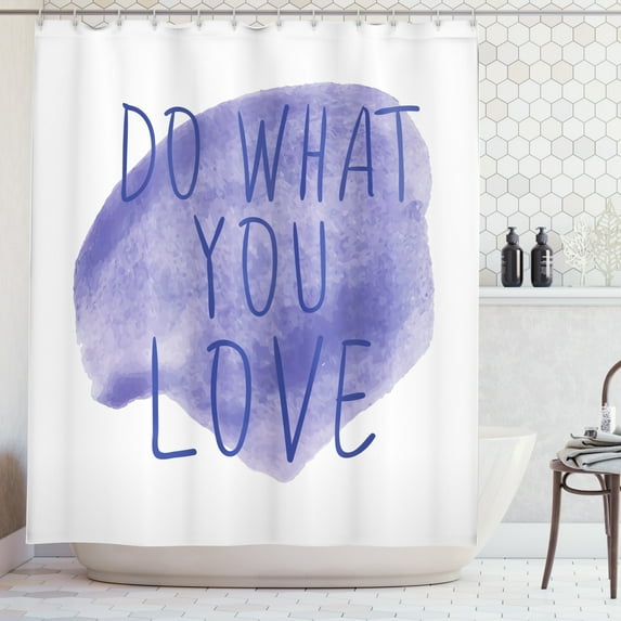 Love What You Do Shower Curtain, Motivation Words on Watercolor Stain Abstract Style Composition, Fabric Bathroom Set with Hooks, 69W X 84L Inches Extra Long, Indigo and White, by Ambesonne