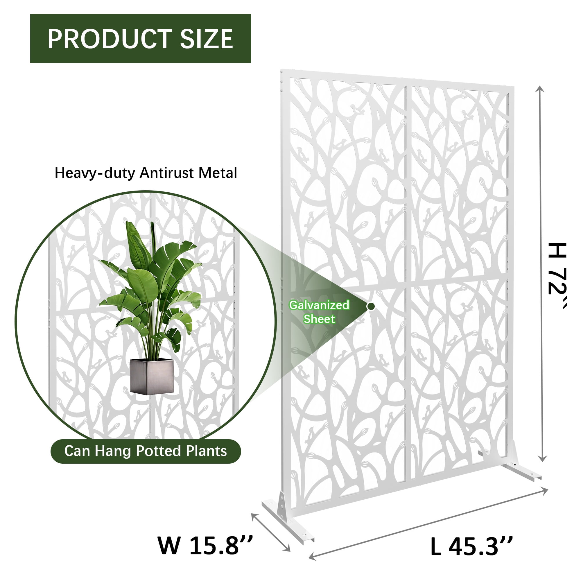 Holaki Metal Privacy Screen, 72" H x 45.3" W, Freestanding Decorative Room Divider for Balcony, Patio, Garden, Waterproof & Rustproof with Bird Shape Hollow Design, Easy Assembly