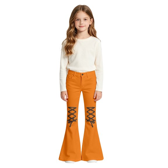 Glisme Teen Girls Trousers Colorblock Zip Front With Pockets Autumn Loose Fit Girls Flare Leg Pants Size 7-8 Years