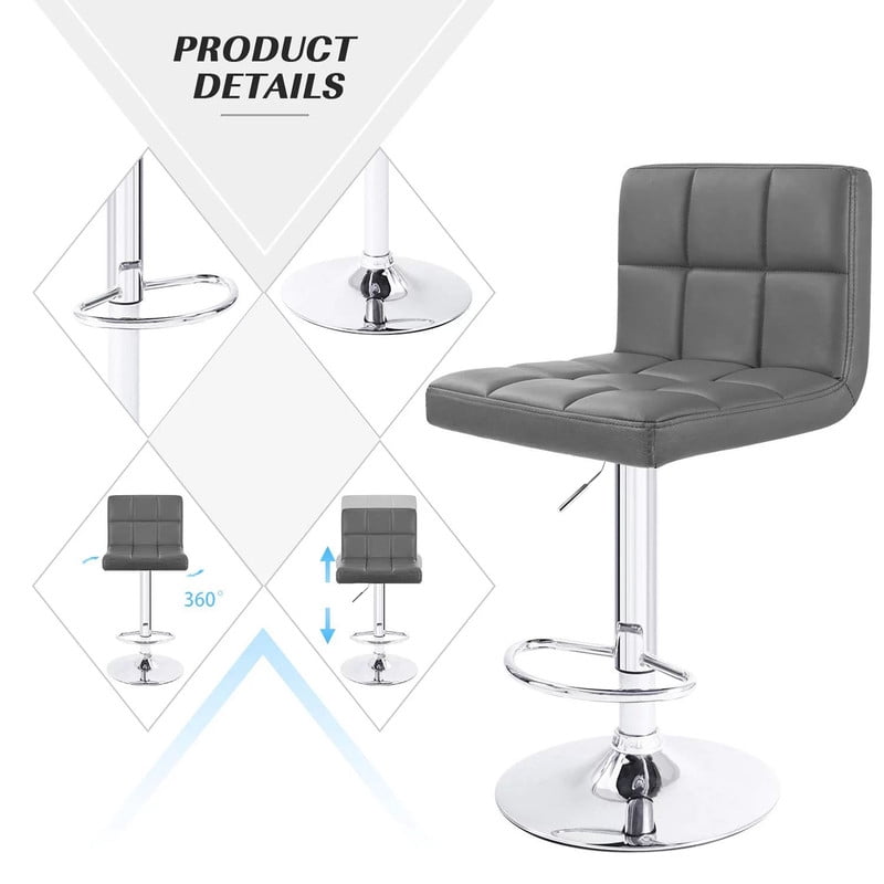 Lacoo Set of 2 Bar Stools Adjustable Swivel Armless Barstools with PU Leather, Gray