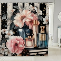 Pink Floral Bath Curtain Modern Fashion Shower Curtain Women Romantic Makeup Themed Bathroom Decor Black White Stripe Waterproof Curtain Perfume Print Curtain,72" W x 72" L