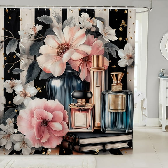 Pink Floral Bath Curtain Modern Fashion Shower Curtain Women Romantic Makeup Themed Bathroom Decor Black White Stripe Waterproof Curtain Perfume Print Curtain,72" W x 72" L