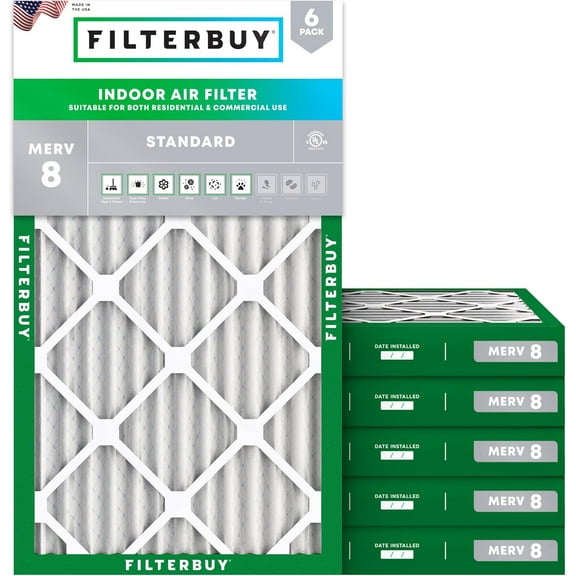 Filterbuy 20x32x2 MERV 8 Dust Defense, Pleated HVAC AC Furnace Air Filters (6-Pack)