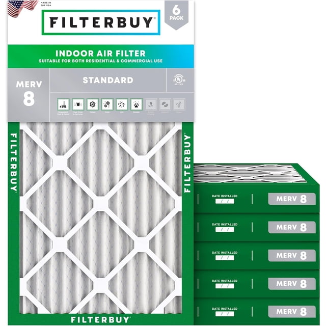 Filterbuy 8x16x2 Air Filter MERV 8 Dust Defense, HVAC AC Furnace Air Filters Replacement (6-Pack)