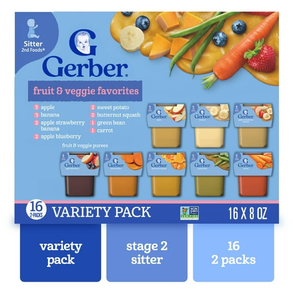 Gerber 2nd Foods Natural for Baby Fruit & Veggie Favorites, Variety Pack, 4 oz Tubs (32 Pack)