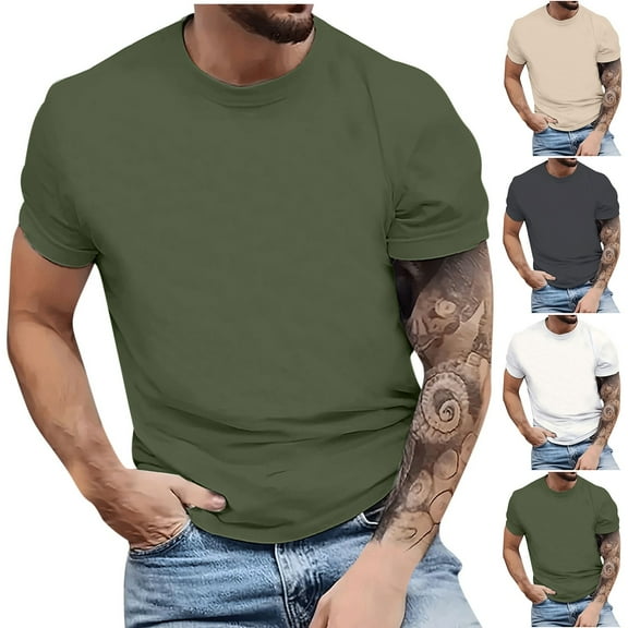 Under $10 Steals!Summer Fashion Plus Size Mens Shirts Solid Color Versatile Loose And Comfortable Basic Style Round Neck
