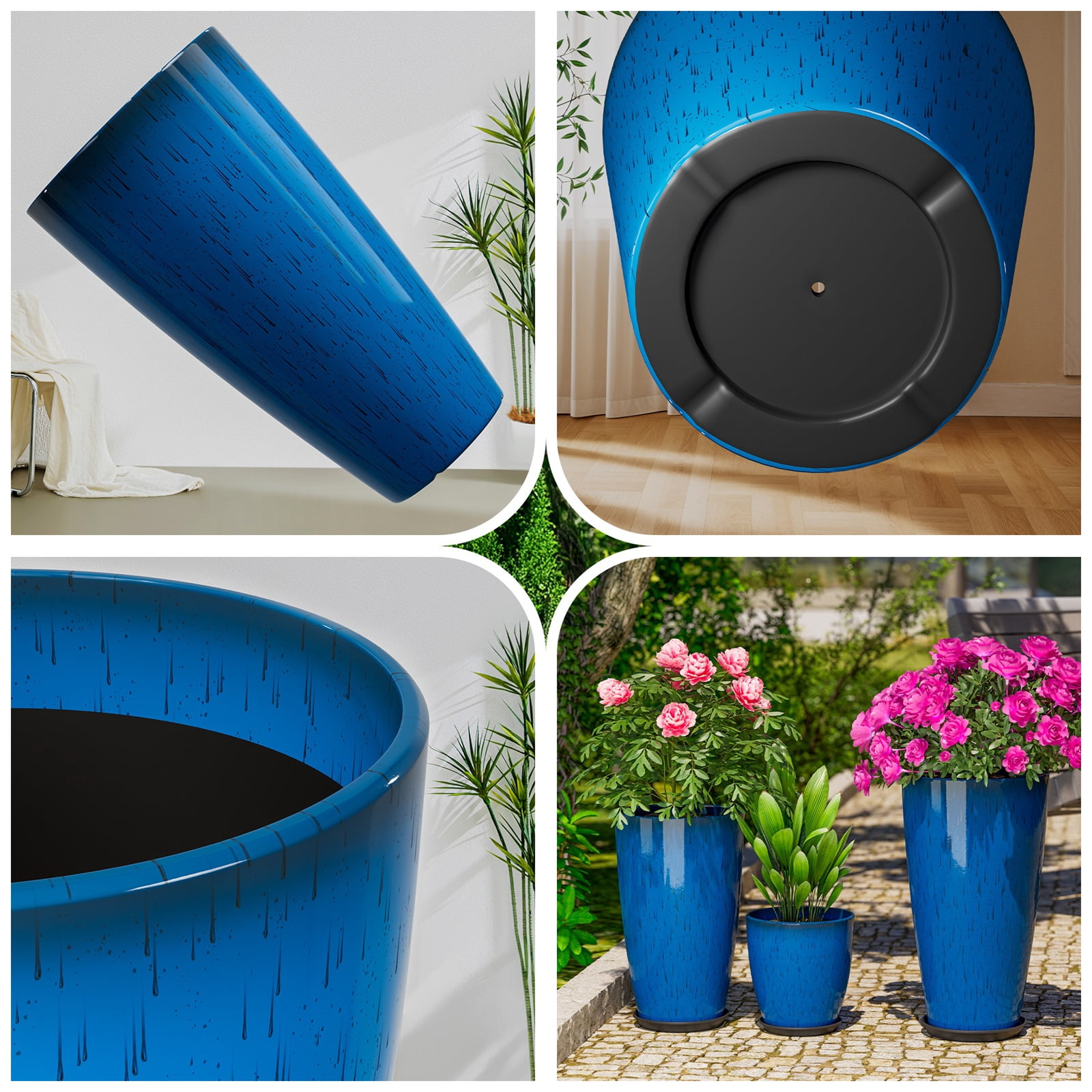 24,21,10 inch Large Planter for Indoor & Outdoor Plants, Set of 3, Sturdy Plant Flower Pots Modern Decor for Front Porch Patio,Blue