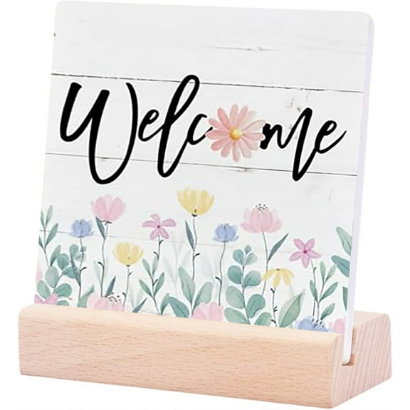 Ceramic Sign 4x4 Inch Welcome Sign Desk Decor White Floral Decor Sign Decorative Modern Farmhouse Wooden Table Decor For Front Door Entryway Kitchen Living Room Bathroom Decor