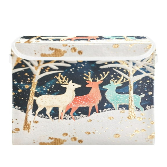 Storage Box With Lid 16.5x12.6x11.8In Foldable Stacked Household Storage Box Christmas Colored Deer