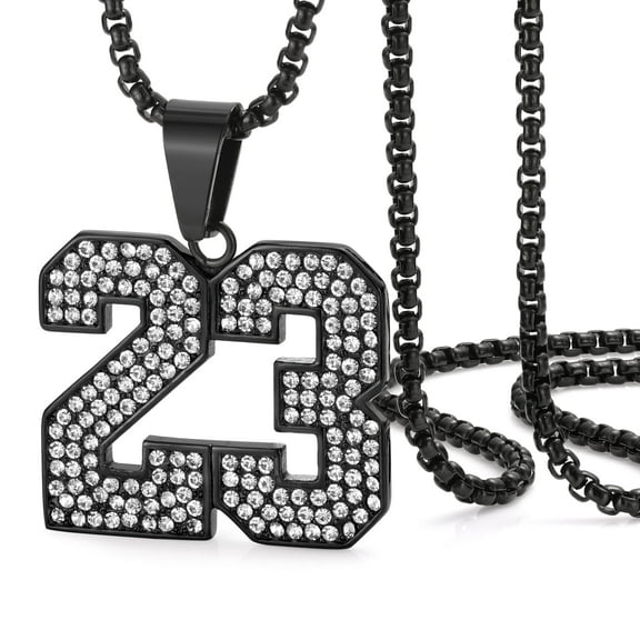RapzGz Men's 23 Pendant Necklace - 24" Bling CZ Diamond Sports Chain, Hip Hop Number Jewelry Gift for Him & Her, in Black.