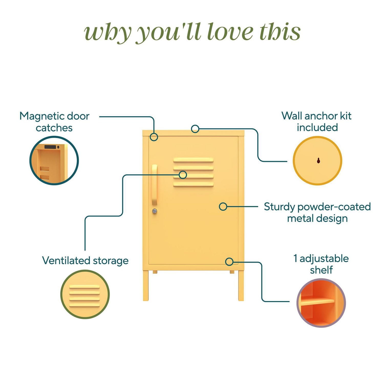 Novogratz Cache Metal Locker Style Living Room End Table, Yellow