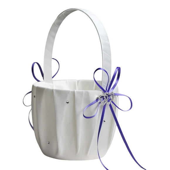 Inteprter Cesta de boda con lazo romántico para niñas, portador de anillos, soporte de flores con diamantes de imitación y corazón, Kits de decoración para fiestas Violeta