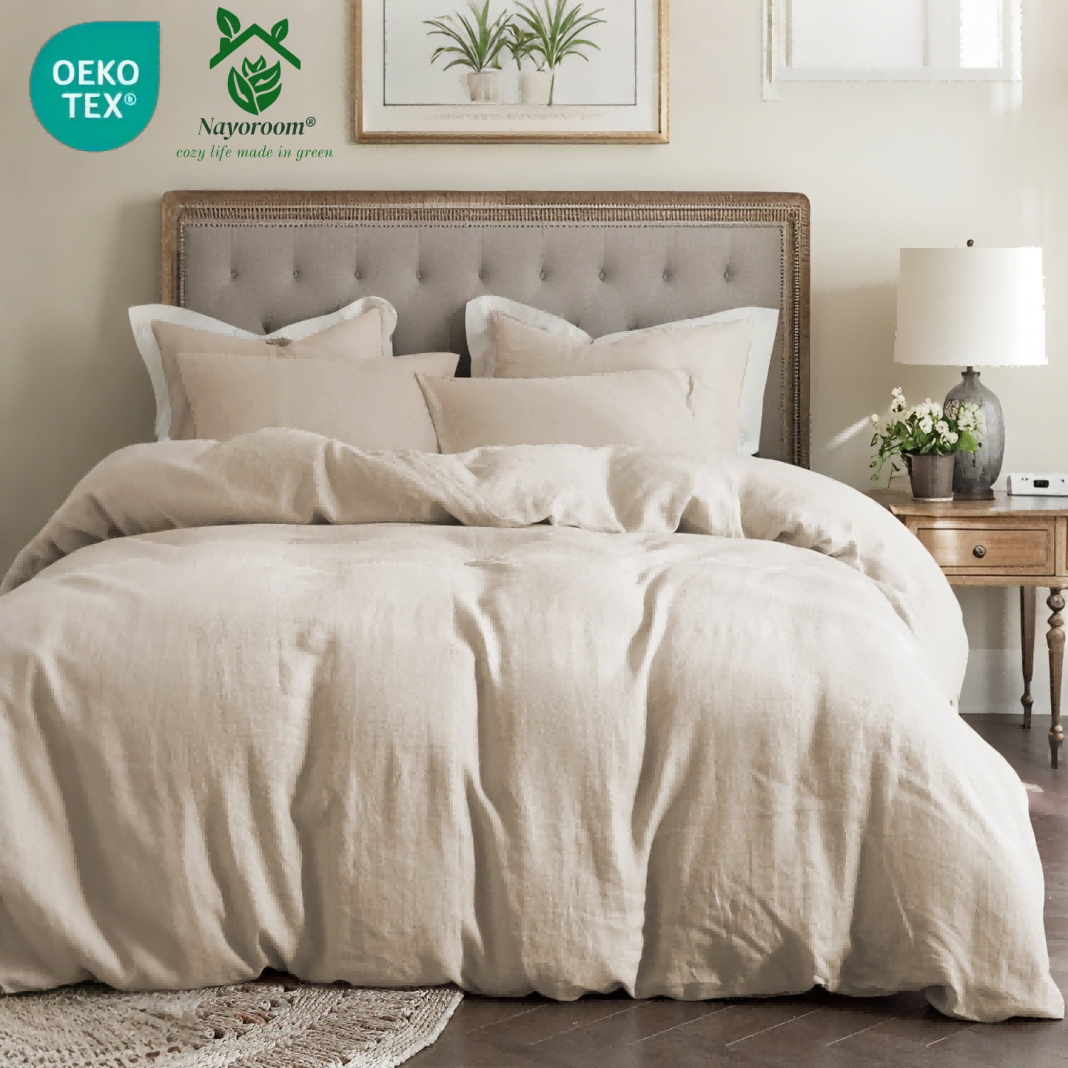 NAYOROOM 100% Organic Cotton Duvet Cover Full Size, 3 Pieces Double Layer Cotton Gauze Bed Set Duvet Cover,Beige